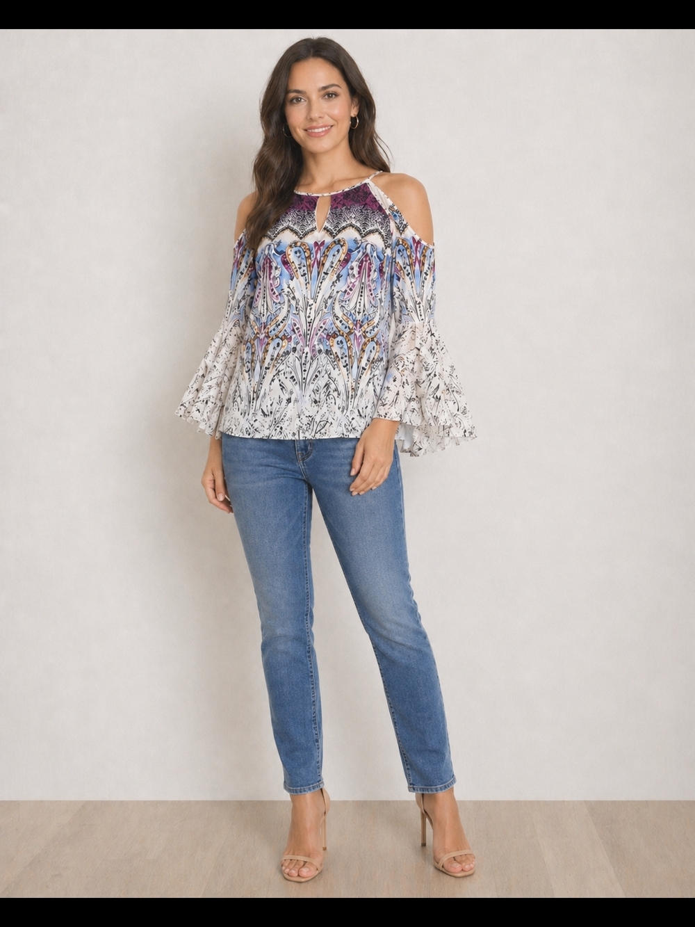 White House Black Market Paisley Cold Shoulder Bell Sleeve Blouse Size 6